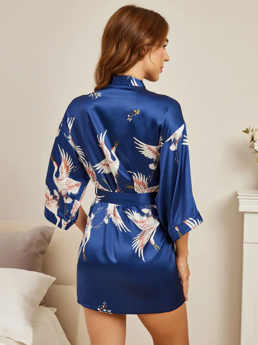 Kimono Corto De Mujer 19Momme Seda Pura Estampado De Grulla Manga 3/4 - Imagen 5