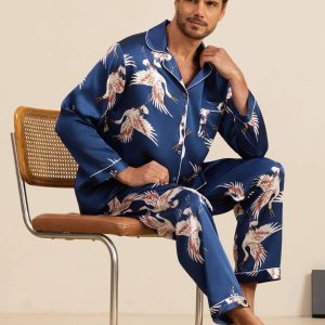 Conjunto de Pijamas para Hombre Estampado de Grúa Seda Pura 19Momme Manga Larga Cuello Notch