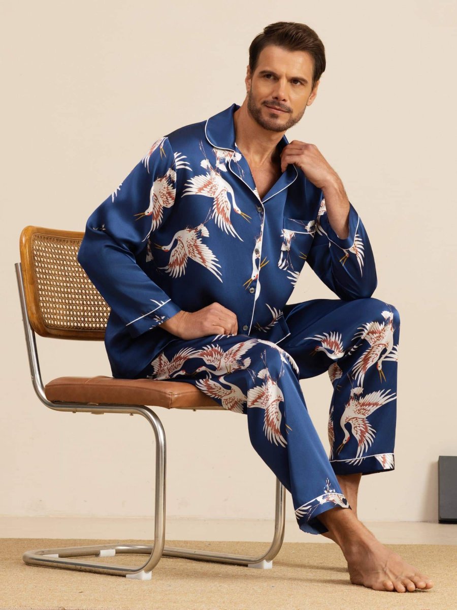 Conjunto de Pijamas para Hombre Estampado de Grúa Seda Pura 19Momme Manga Larga Cuello Notch - Imagen 2