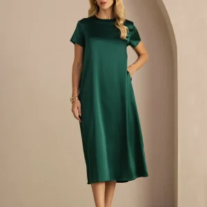 Vestido Midi de Seda de 19 Momme con Cuello Redondo Manga Corta y Bolsillos Laterales