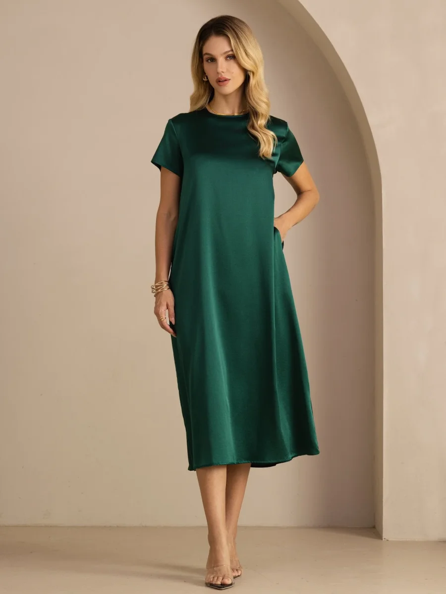 Vestido Midi de Seda de 19 Momme con Cuello Redondo Manga Corta y Bolsillos Laterales - Imagen 2