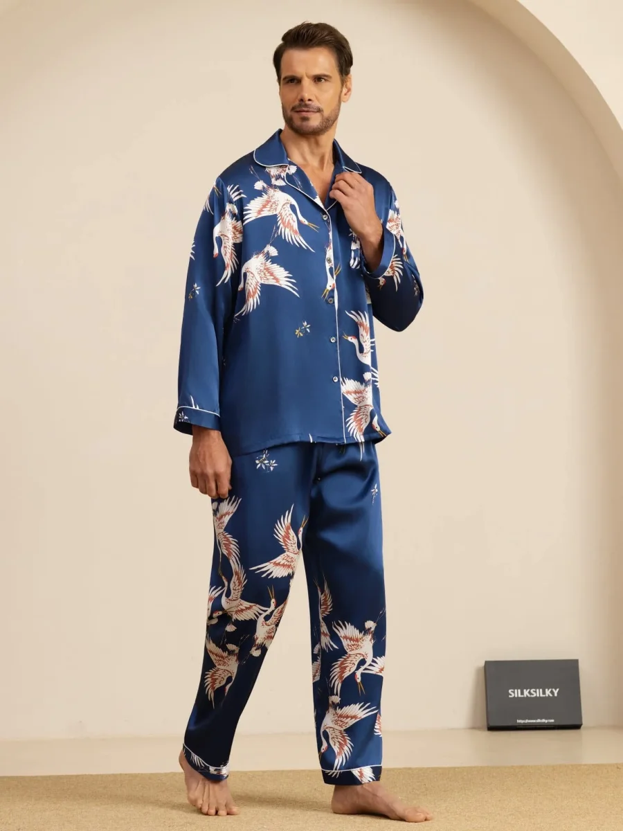 Conjunto de Pijamas para Hombre Estampado de Grúa Seda Pura 19Momme Manga Larga Cuello Notch - Imagen 5