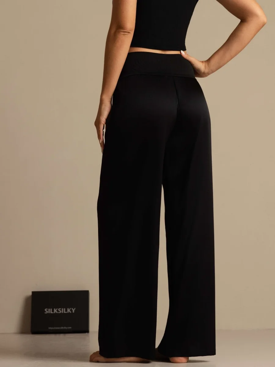 Pantalones de pierna ancha de talle alto para mujer en seda 19Momme con cinturilla elástica ancha - Imagen 3