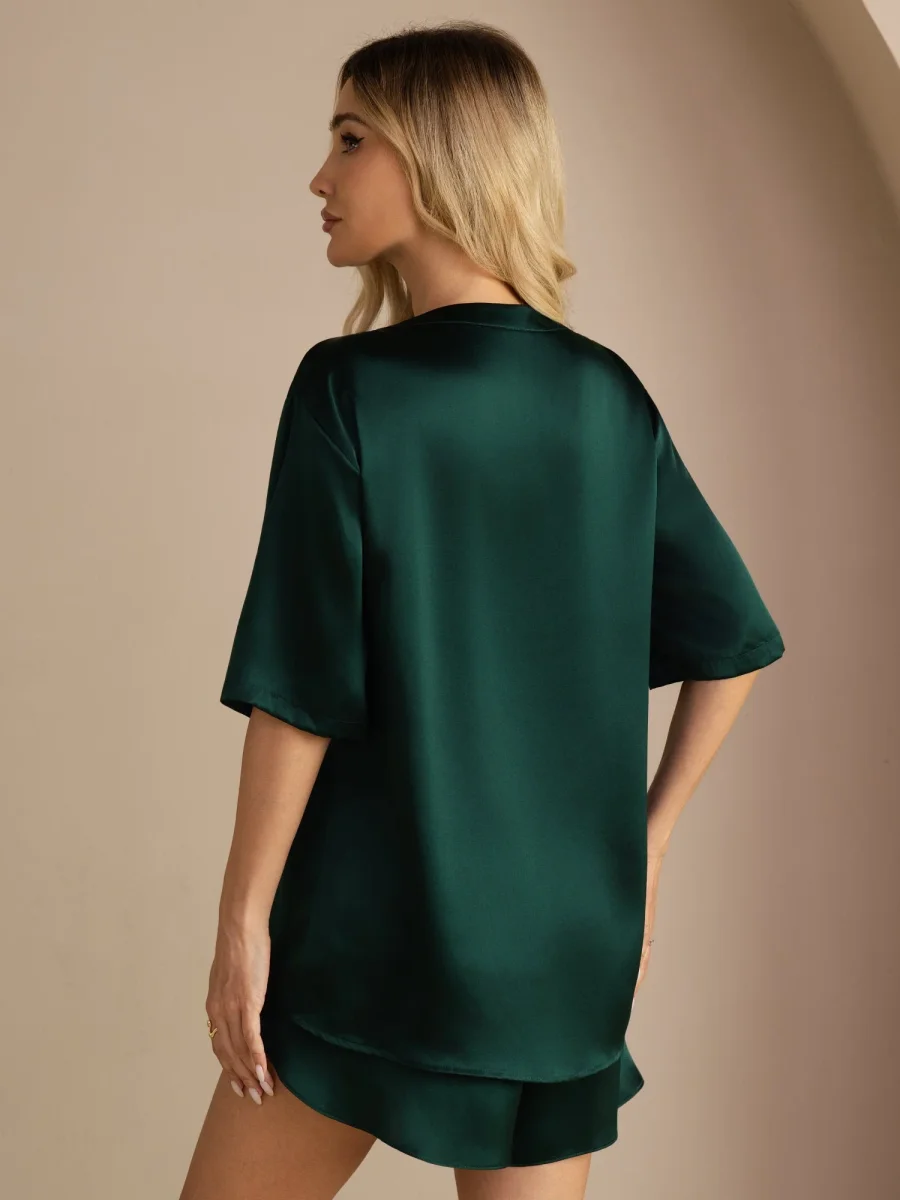 Camiseta informal de seda pura para dormir para mujer (pantalones cortos no incluidos) - Imagen 8