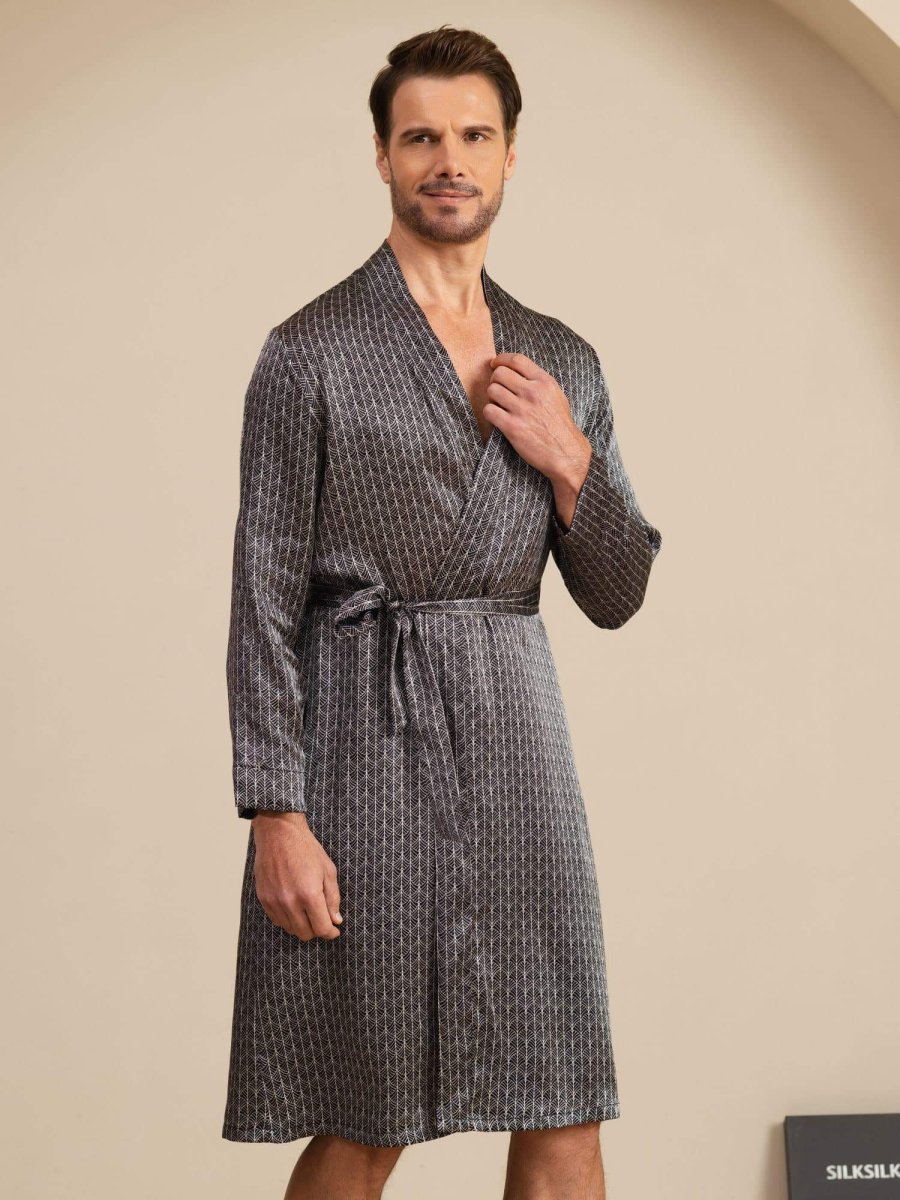 Bata De Hombre De Seda Pura Hasta La Rodilla Con Estampado De Ginkgo Y Cinturón Diseño - Imagen 3