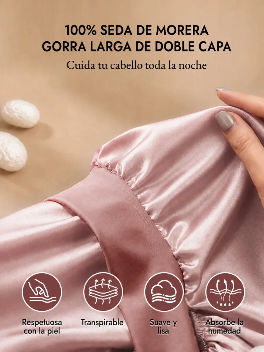 Gorro Largo De Doble Capa De 100 % Seda De Morera Con Cinta Larga Ajustable - Imagen 3