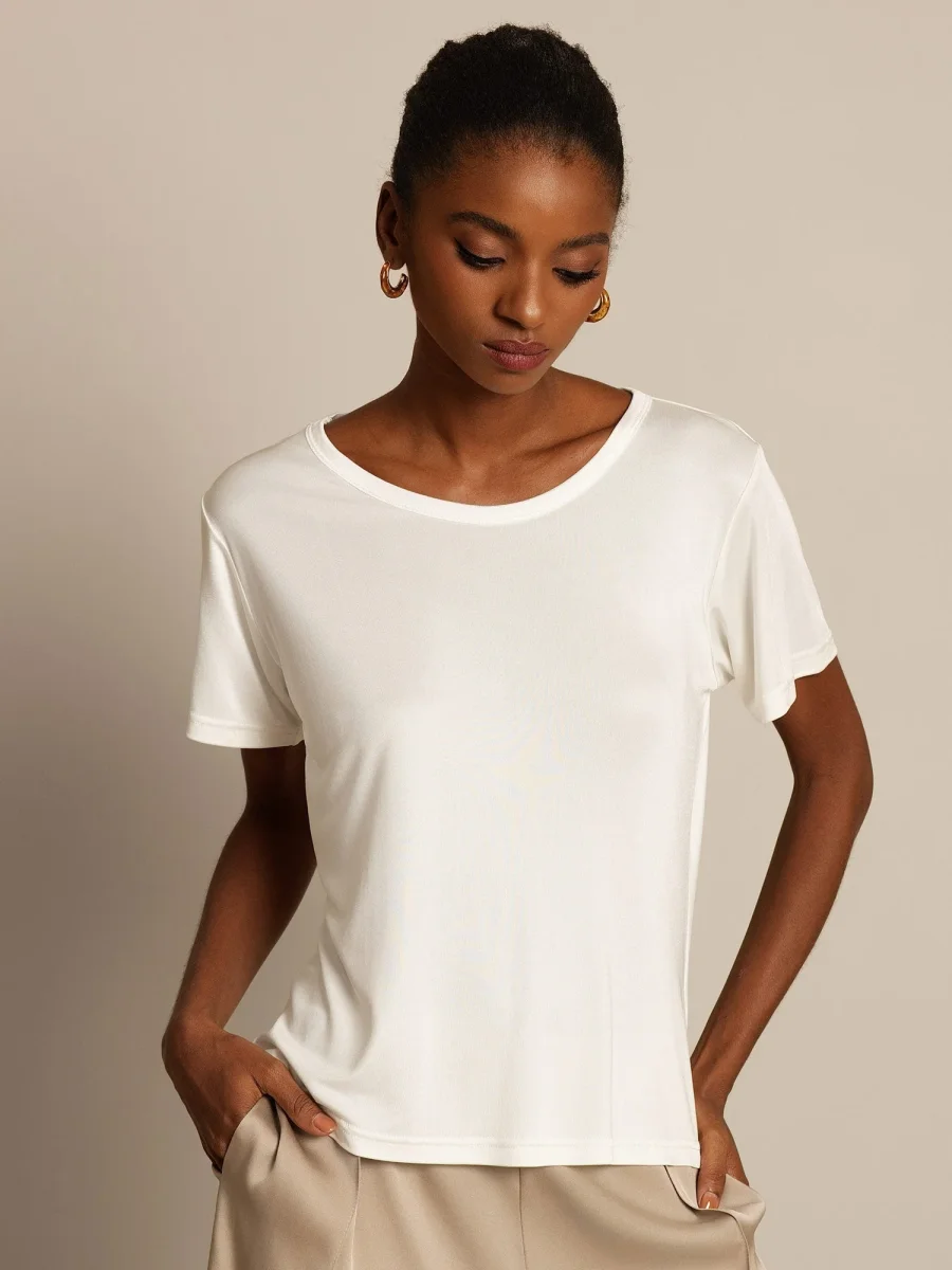 Camiseta de Cuello Redondo y Manga Corta de Pura Seda para Mujer - Imagen 2