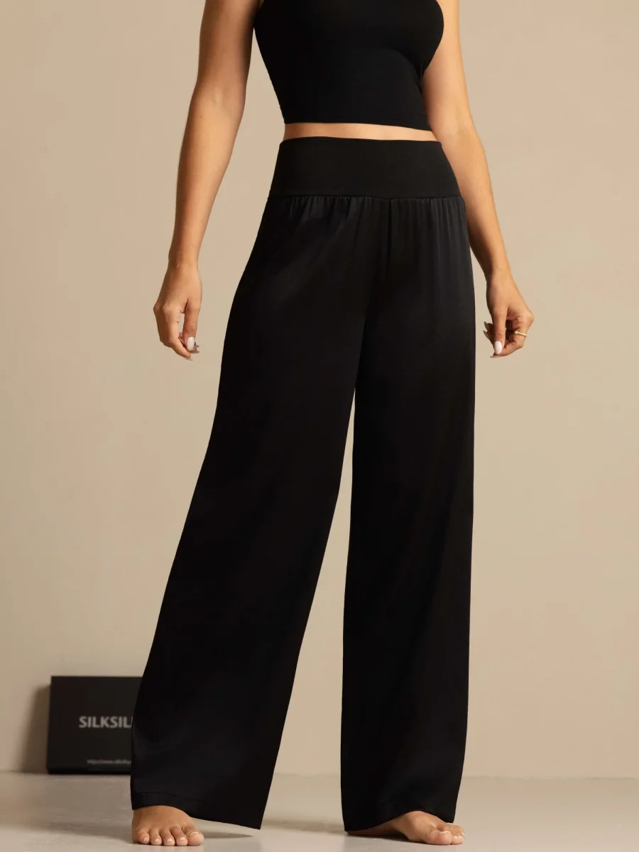 Pantalones de pierna ancha de talle alto para mujer en seda 19Momme con cinturilla elástica ancha - Imagen 4