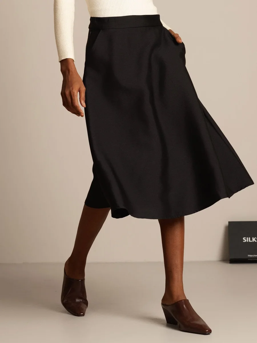 32Momme Mezcla de Seda-Lana Falda Midi A-Line con Diseño de Cremallera - Imagen 4