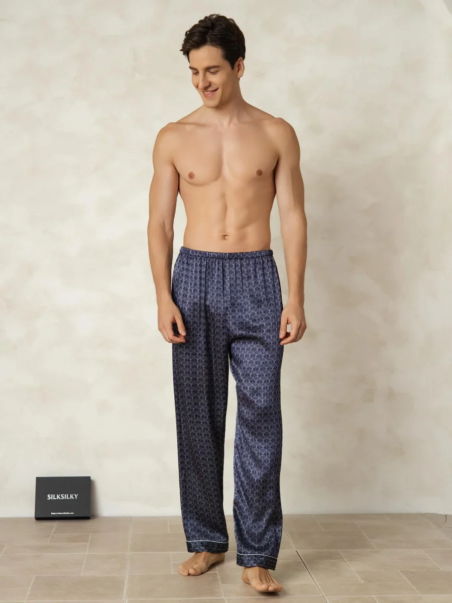 Pantalones De Dormir De Seda Pura Ginkgo Azul Marino Para Hombre Con Cintura Elástica - Imagen 6
