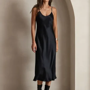 100% Seda de Mora Vestido Largo Midi de Tirantes Finos