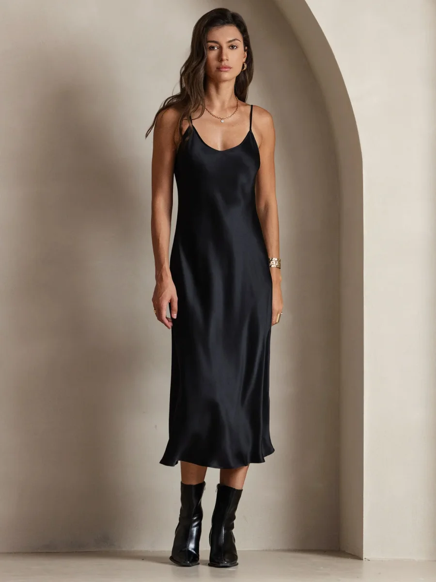 100% Seda de Mora Vestido Largo Midi de Tirantes Finos - Imagen 2