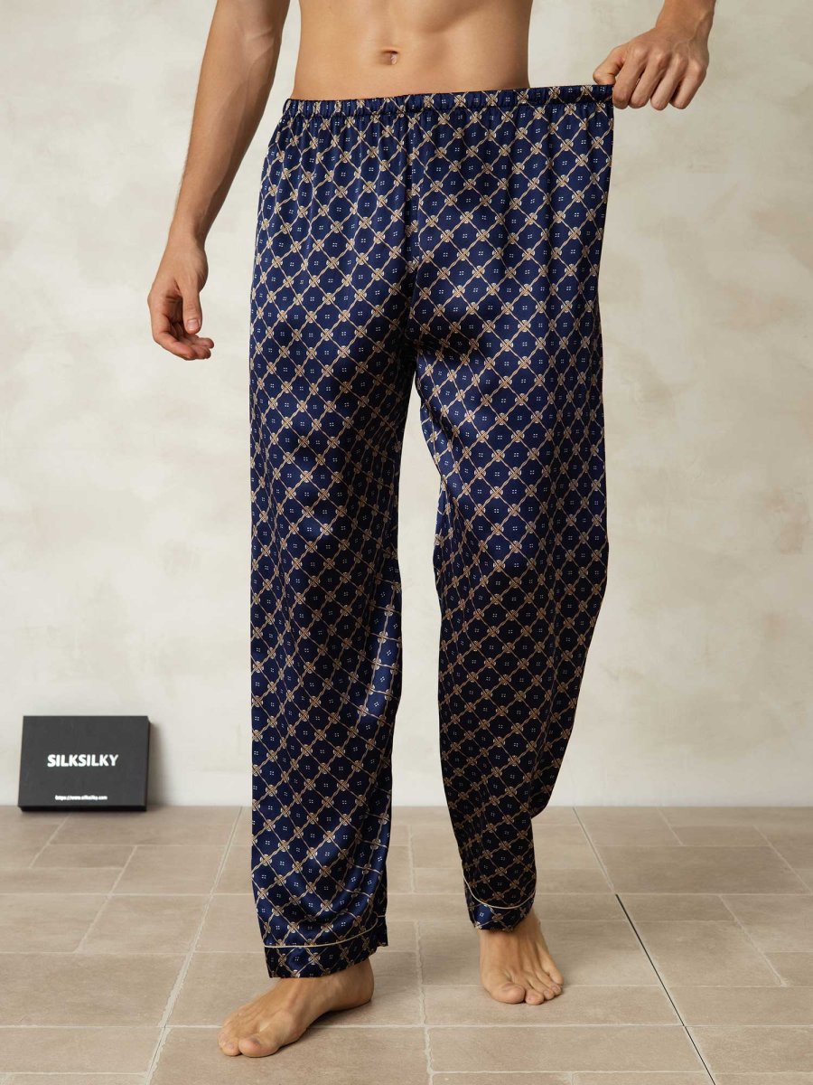 Pantalones De Dormir Para Hombre De Seda Pura Con Estampado De Cadenas Azul Marino Y Cintura Elástica - Imagen 4