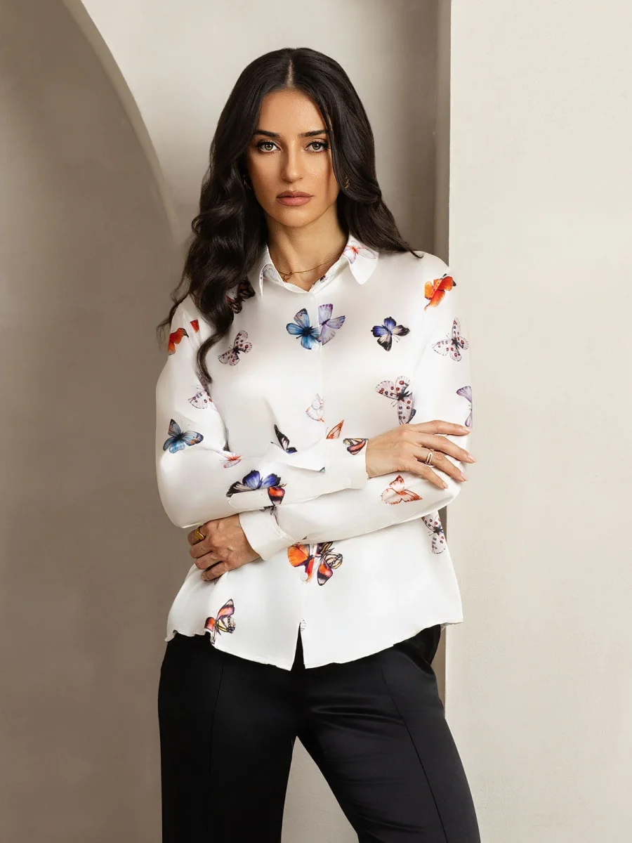 Camisa De Seda 19Momme Mujer Con Estampado De Mariposas Manga Larga Y Cuello Con Solapa - Imagen 6
