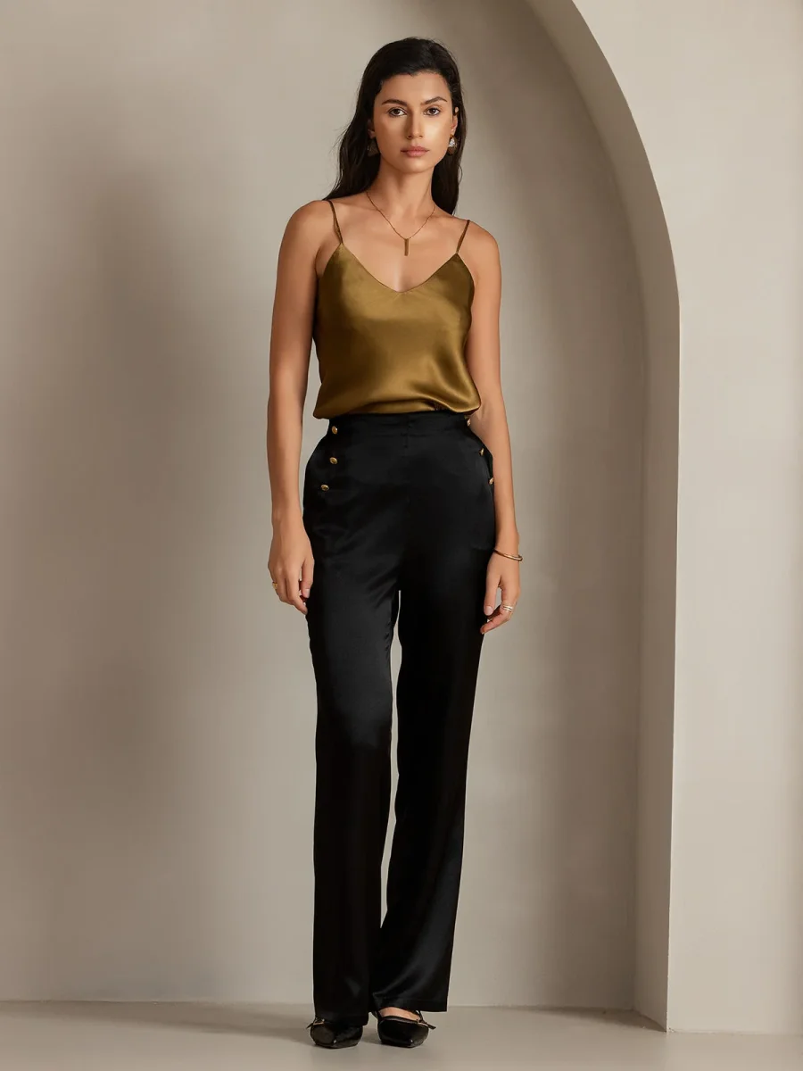 19Momme Seda Ajustado Botón Bolsillos Traje Pantalones - Imagen 6