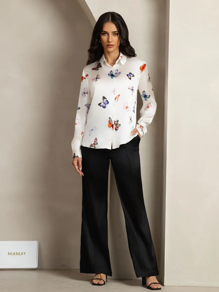 Camisa De Seda 19Momme Mujer Con Estampado De Mariposas Manga Larga Y Cuello Con Solapa - Imagen 4