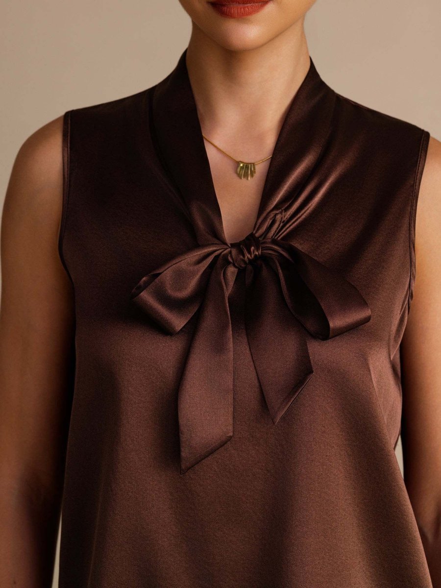 19Momme Seta Musculosa Sin Mangas Cuello Con Nudo Para Mujer - Imagen 5