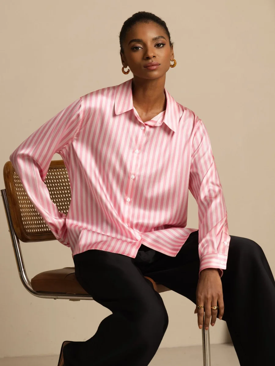 Camisa De Mujer De Seda 19 Momme Con Estampado De Rayas Y Cuello De Solapa - Imagen 4