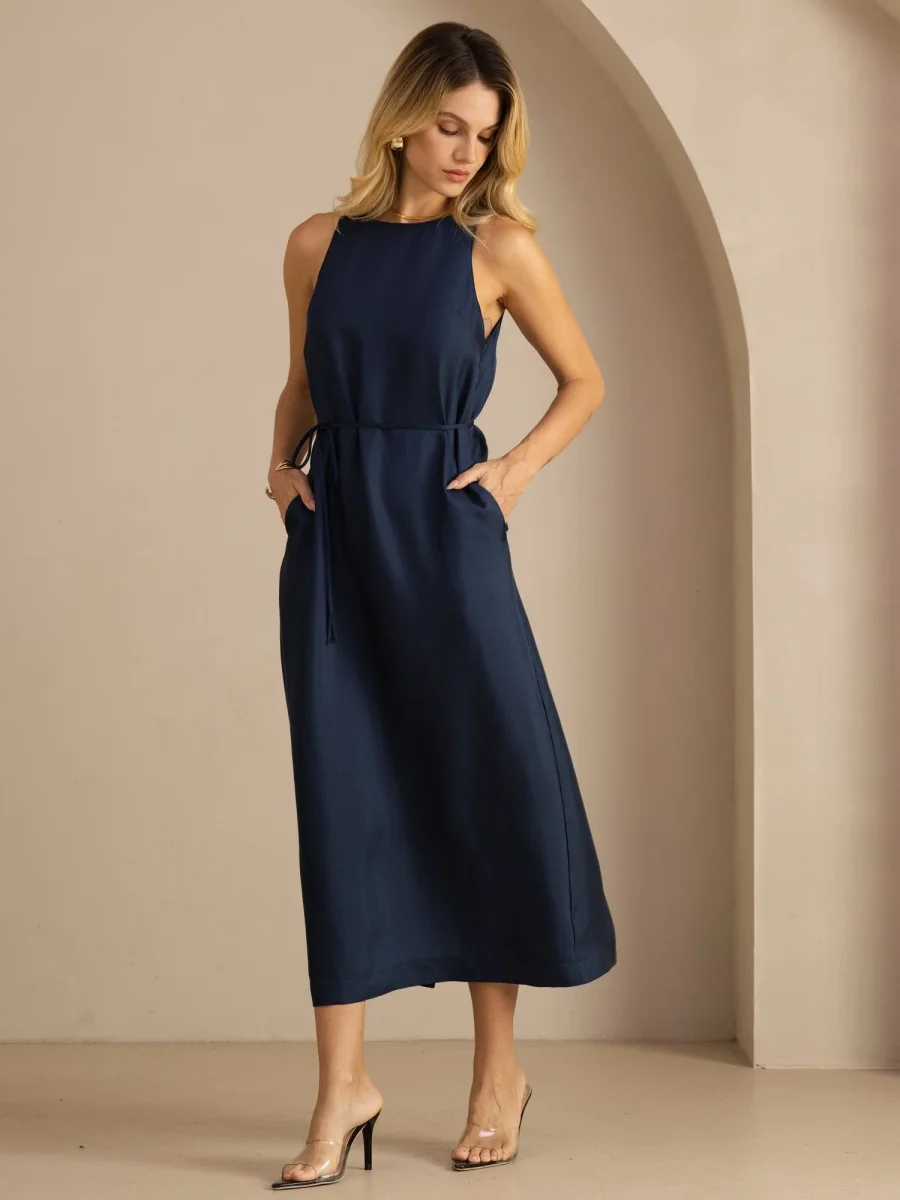 Vestido Midi Sin Mangas De Seda De Morera 100 Por Ciento Con Cuello Redondo Y Cinturón Anudable - Imagen 4