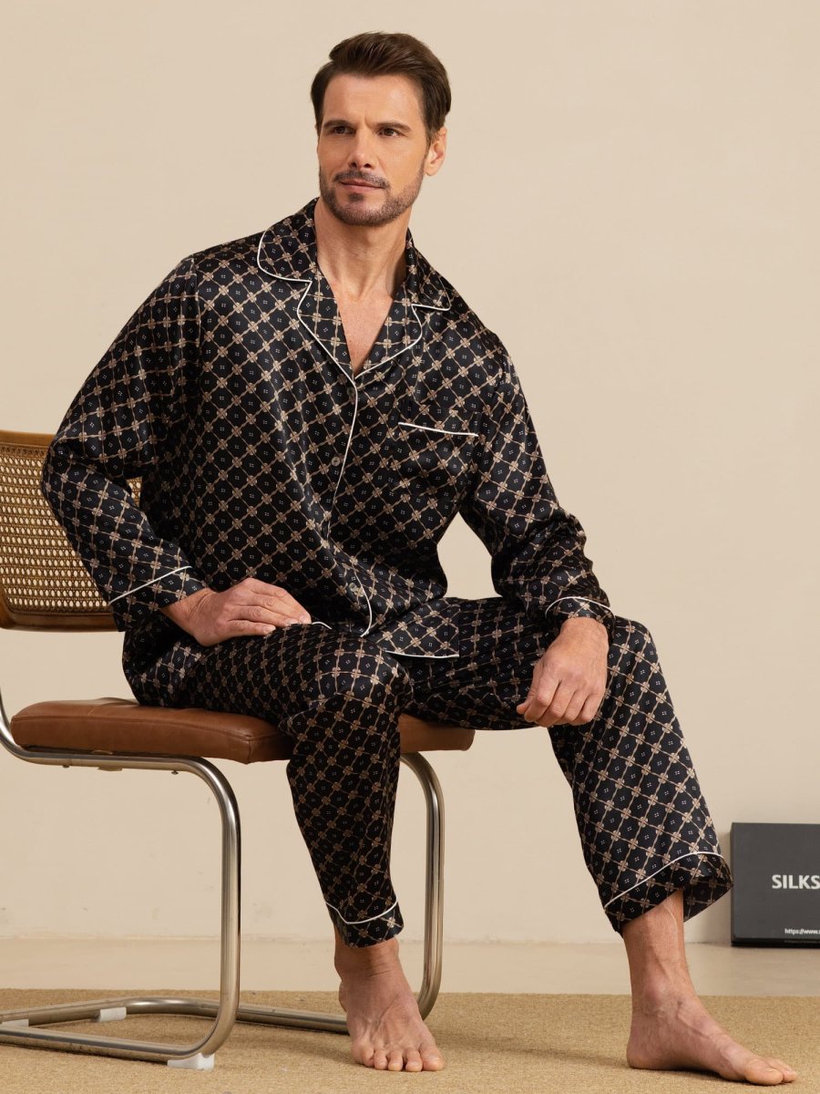 Conjunto De Pijama De Hombre De Seda Pura Con Estampado De Cadena Azul Marino Manga Larga Con Pantalón - Imagen 9