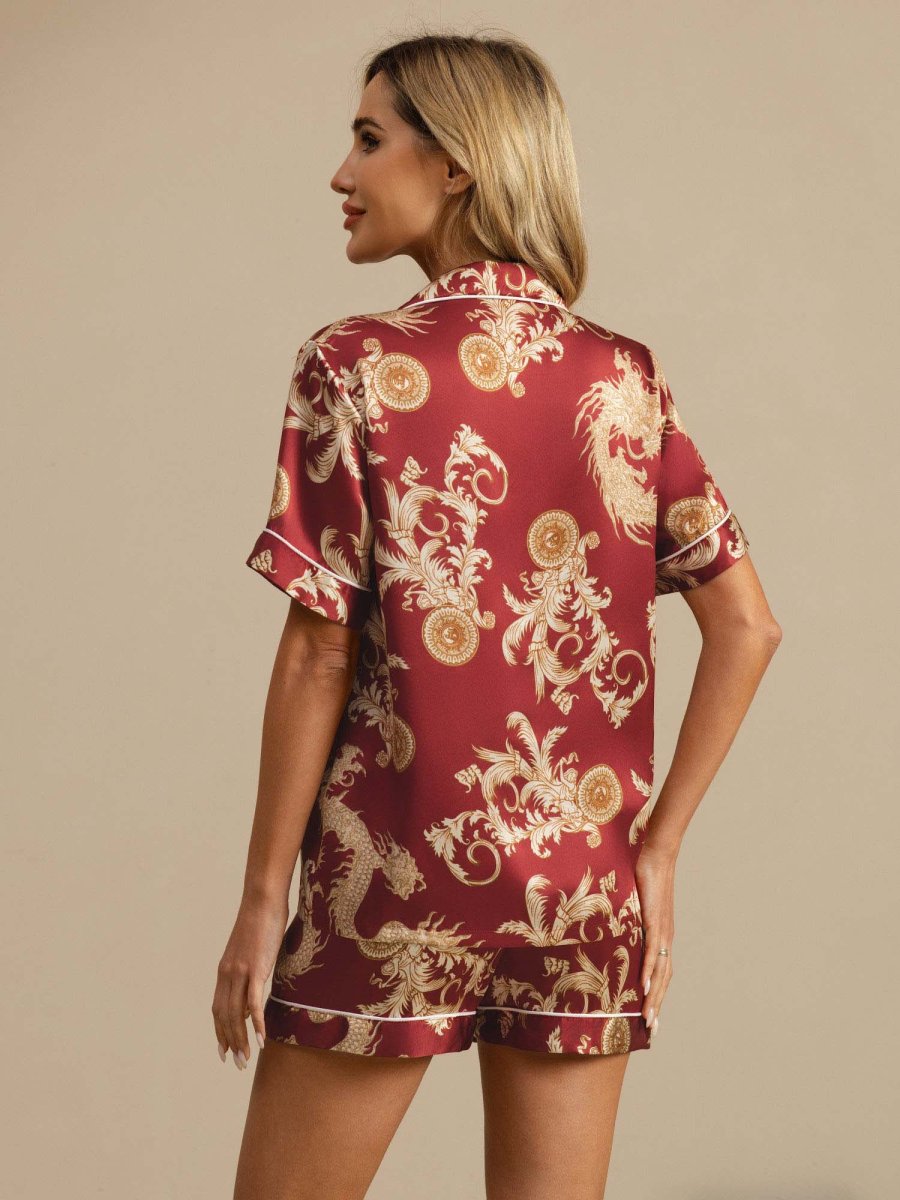 Pijama Mujer Seda Pura Manga Corta Cuello Notch Con Shorts Estampado Dragón - Imagen 9