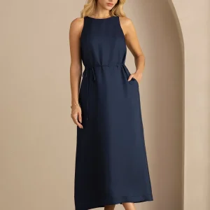 Vestido Midi Sin Mangas De Seda De Morera 100 Por Ciento Con Cuello Redondo Y Cinturón Anudable
