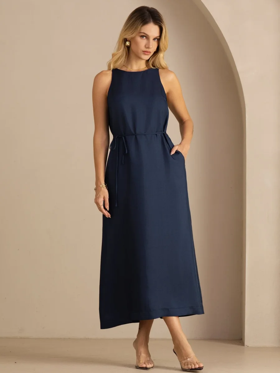 Vestido Midi Sin Mangas De Seda De Morera 100 Por Ciento Con Cuello Redondo Y Cinturón Anudable
