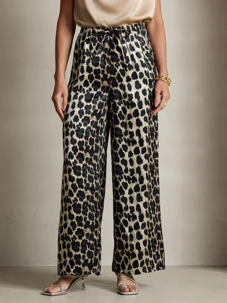 Pantalones De Pierna Ancha De Pura Seda Con Estampado De Leopardo Para Mujer - Imagen 7