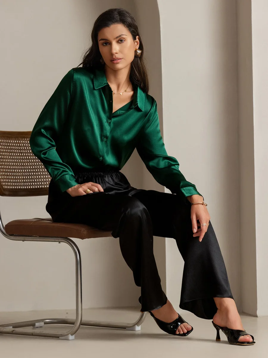 19Momme Seda Básica Cuello Militar Camisa - Imagen 3