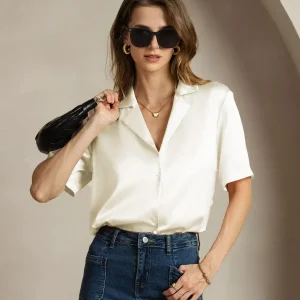 Camisa de mujer en seda 19 momme con manga corta, solapa y cierre de botones