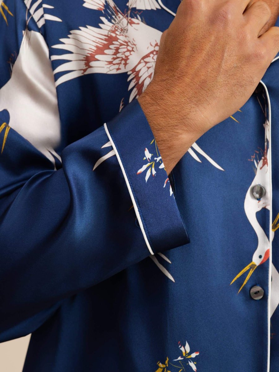 Conjunto de Pijamas para Hombre Estampado de Grúa Seda Pura 19Momme Manga Larga Cuello Notch - Imagen 8