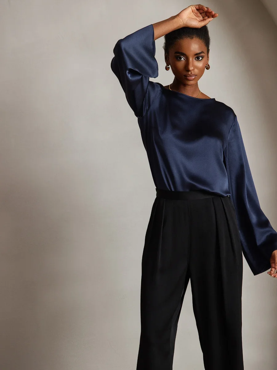 19Momme Seda Relajada Manga Larga Blusa - Imagen 6