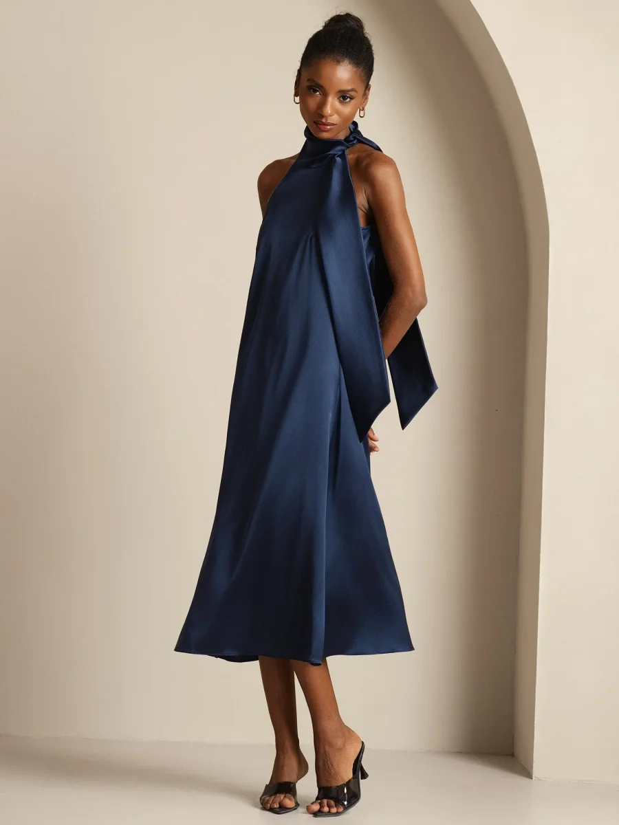 19Momme Seda Cuello Atado Vestido - Imagen 4