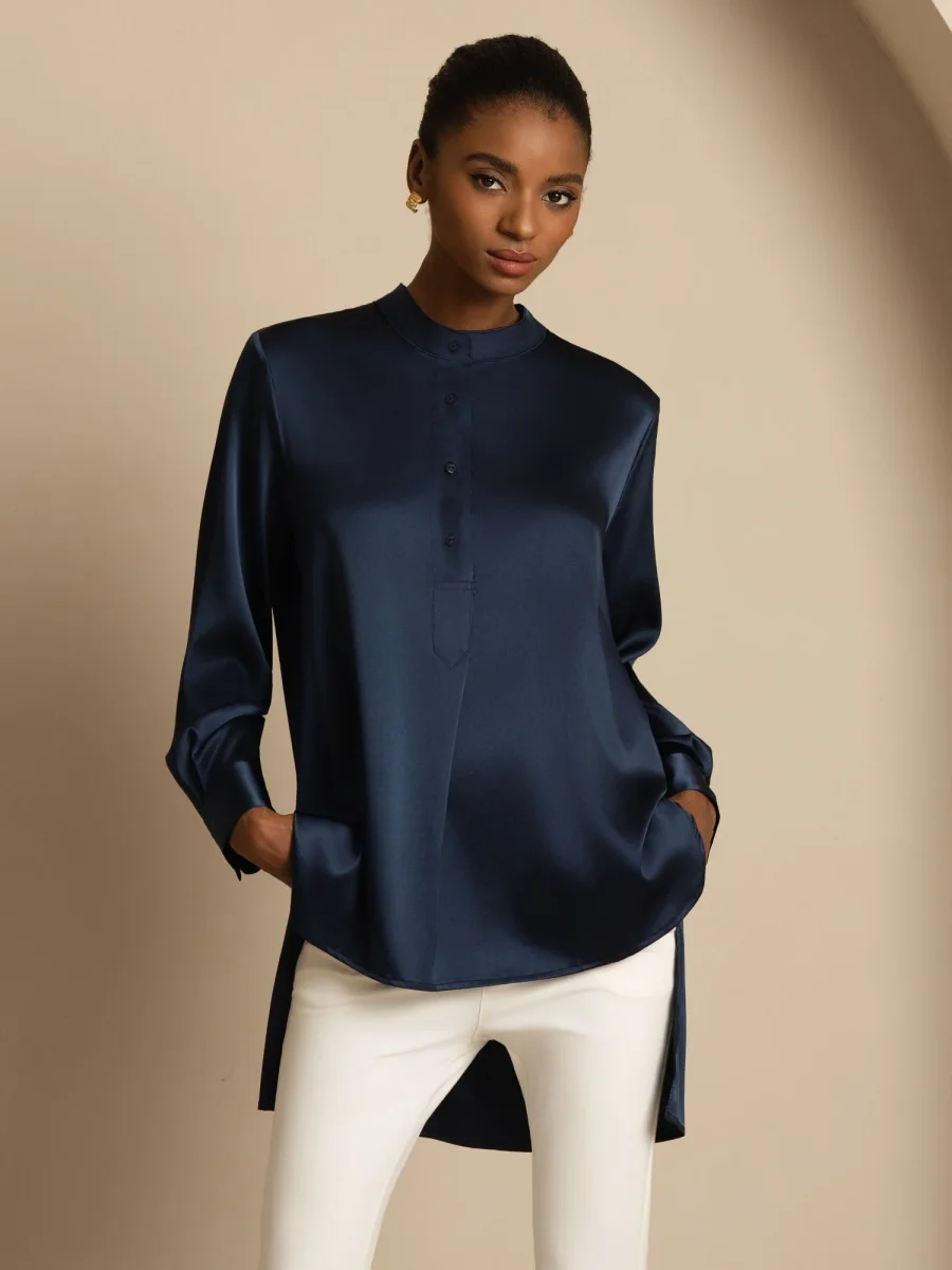 Blusa de mujer de seda 19Momme con Stand Collar High-Low y detalles de botones - Imagen 8