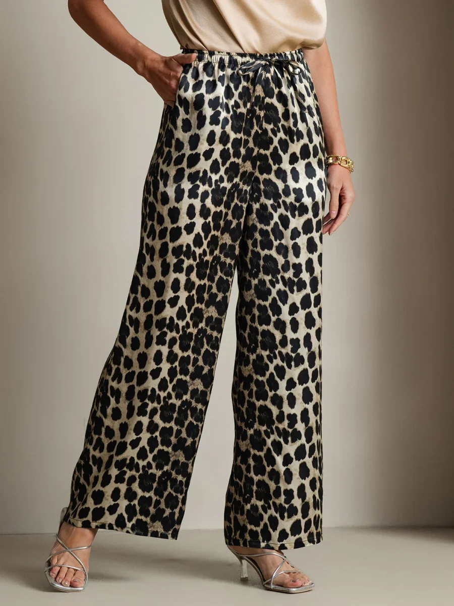 Pantalones De Pierna Ancha De Pura Seda Con Estampado De Leopardo Para Mujer - Imagen 4