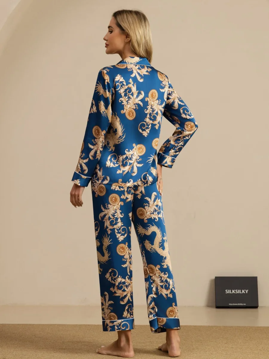 Pijama Mujer Seda Pura Manga Larga Cuello Notch Con Pantalón Estampado Dragón - Imagen 3