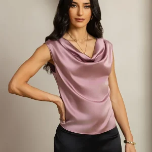 19Momme Seda Capa Manga Cuello Cowl Camiseta sin mangas/Blusa