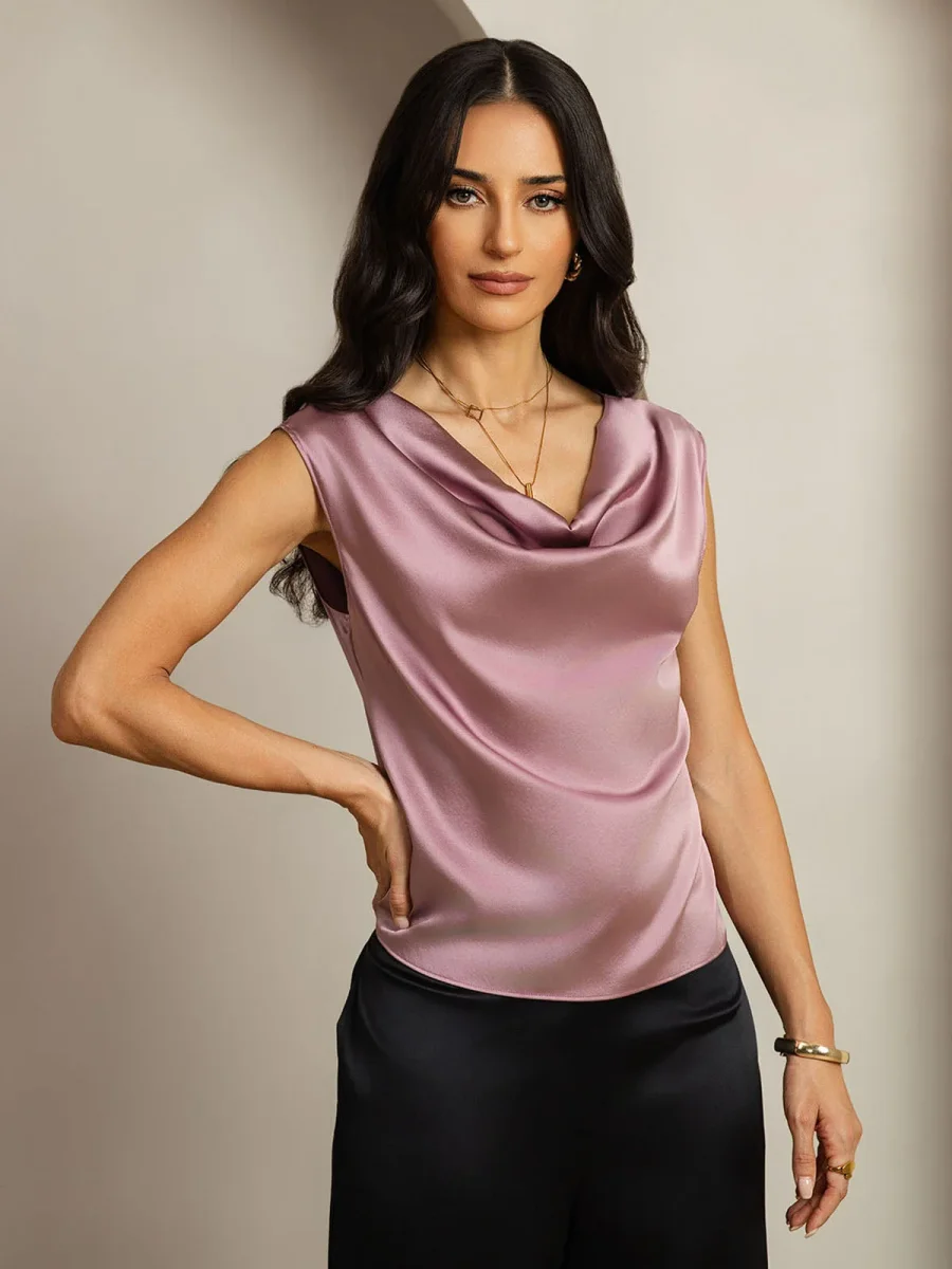 19Momme Seda Capa Manga Cuello Cowl Camiseta sin mangas/Blusa