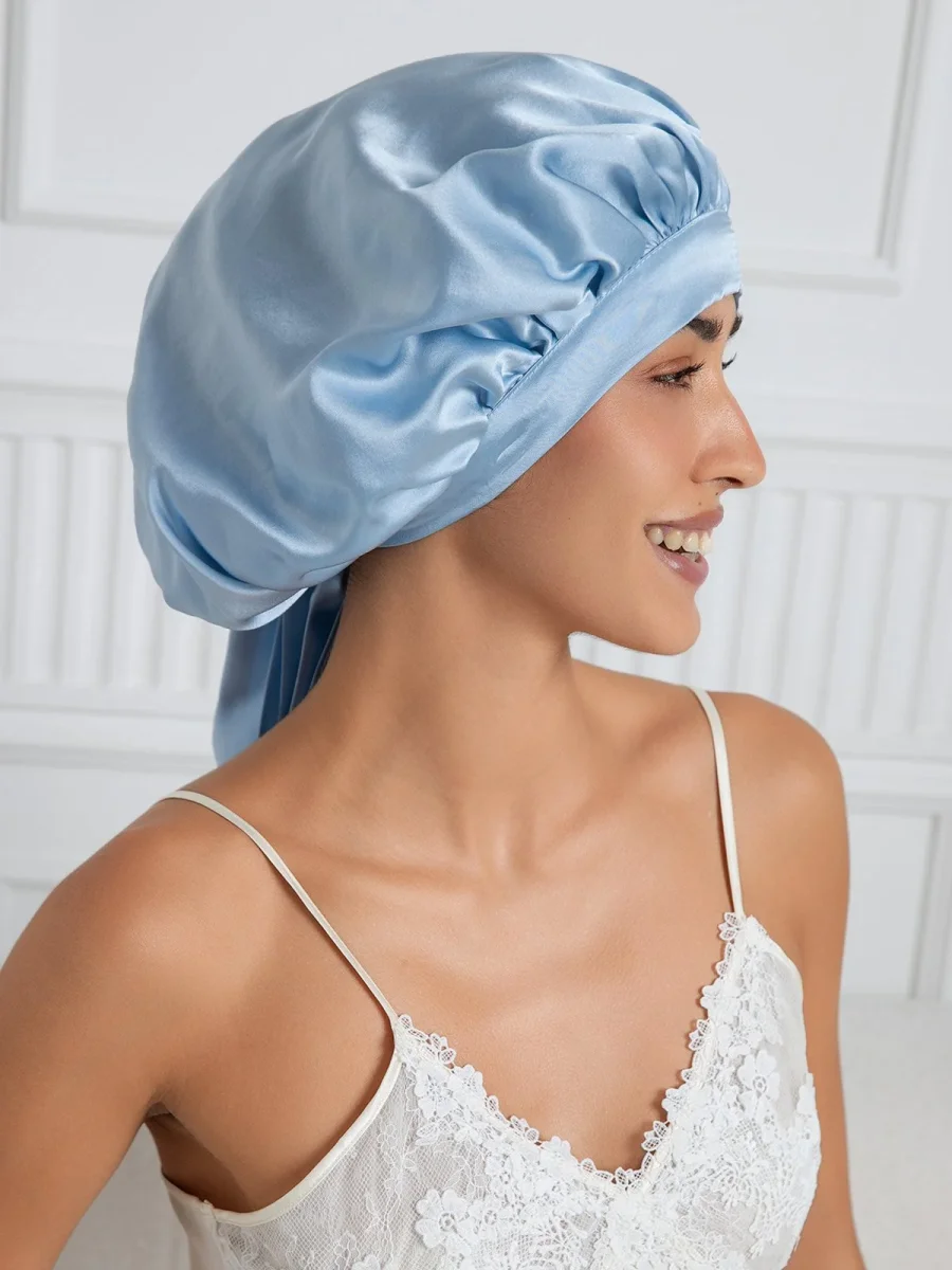 Gorro de dormir elegante de seda pura con cintas largas - Imagen 6