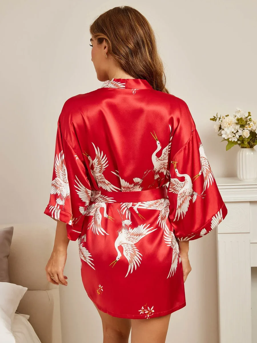 19Momme Bata Kimono Corta De Seda Pura Para Mujer Con Estampado De Grulla Manga 3/4 - Imagen 3