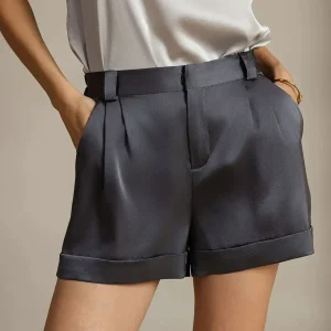 19Momme Seda Pantalones Cortos De Mujer Con Dobladillo Y Diseño De Bolsillos Laterales