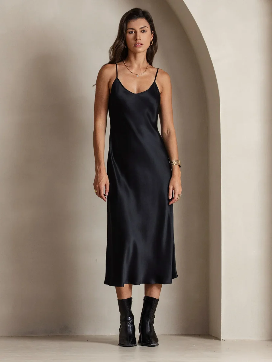 100% Seda de Mora Vestido Largo Midi de Tirantes Finos - Imagen 6