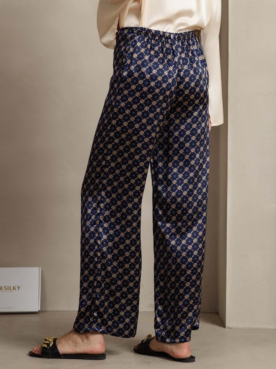 Pantalones De Mujer De Pierna Ancha De Seda 19Momme Azul Marino Con Estampado De Cadenas Y Bolsillos Laterales - Imagen 3