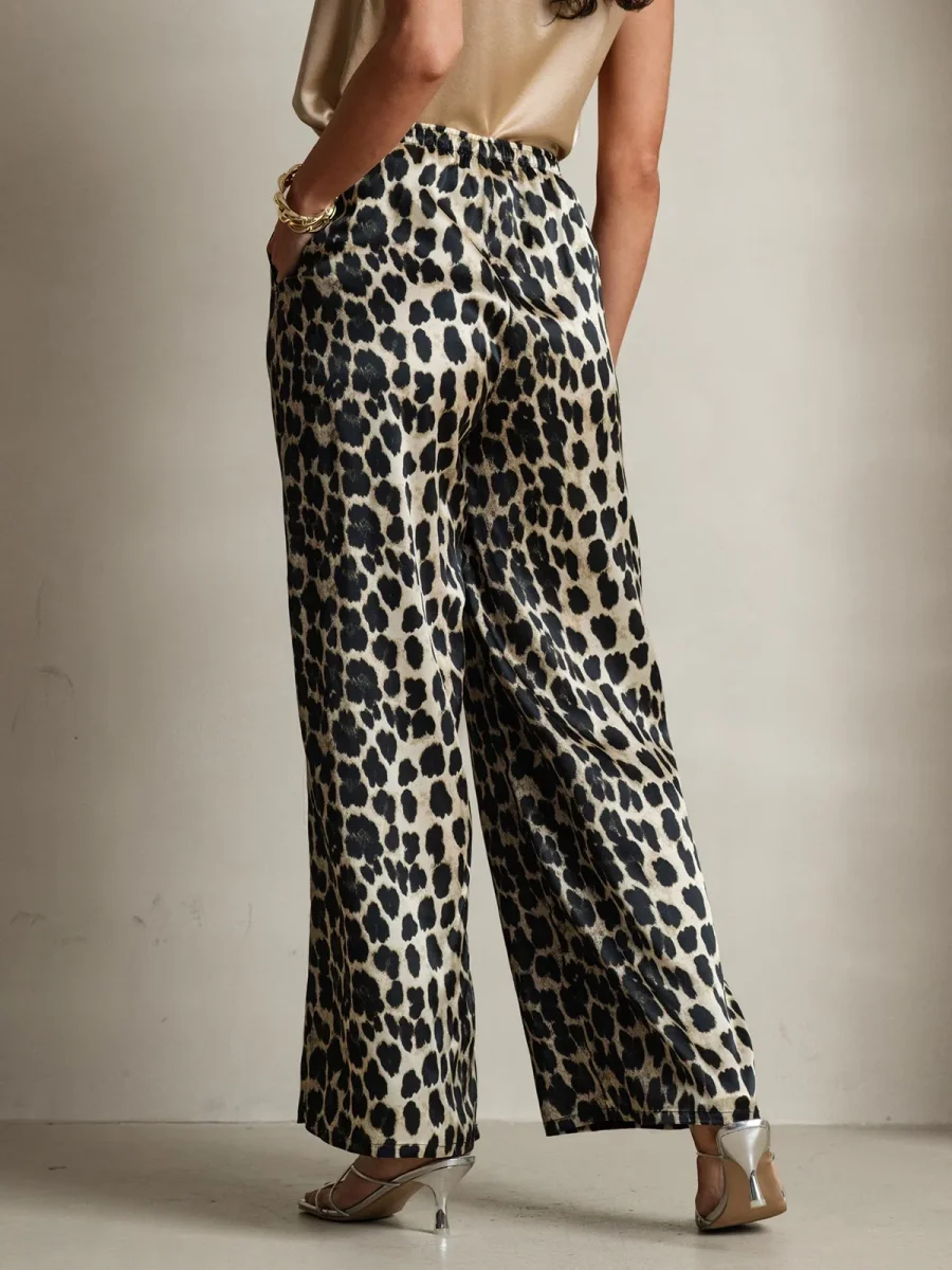 Pantalones De Pierna Ancha De Pura Seda Con Estampado De Leopardo Para Mujer - Imagen 3