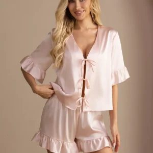 19Momme Seta Conjunto Pijama 2Piezas Manga Corta Volantes Con Nudo Delantero Para Mujer