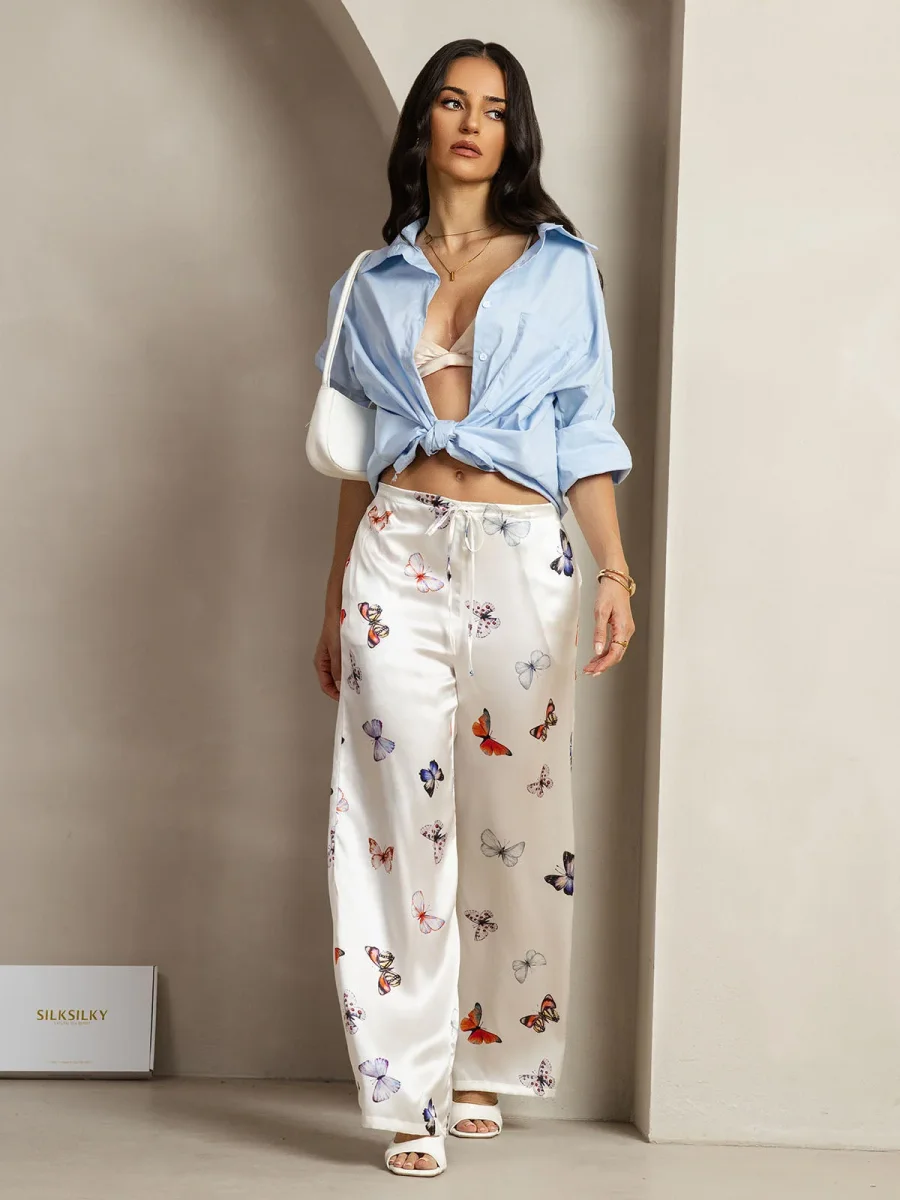 Pantalones De Mujer De Pierna Ancha De Seda 19Momme Blancos Con Estampado De Mariposas Y Bolsillos Laterales - Imagen 7