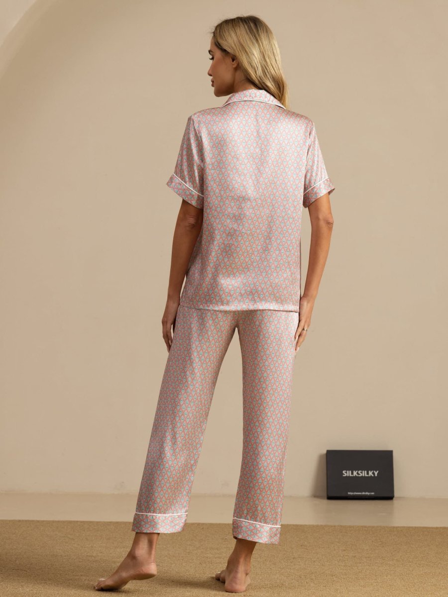 Pijama De Mujer De Seda Pura Con Estampado Geométrico De Manga Corta Con Cuello De Solapa Y Pantalones - Imagen 8