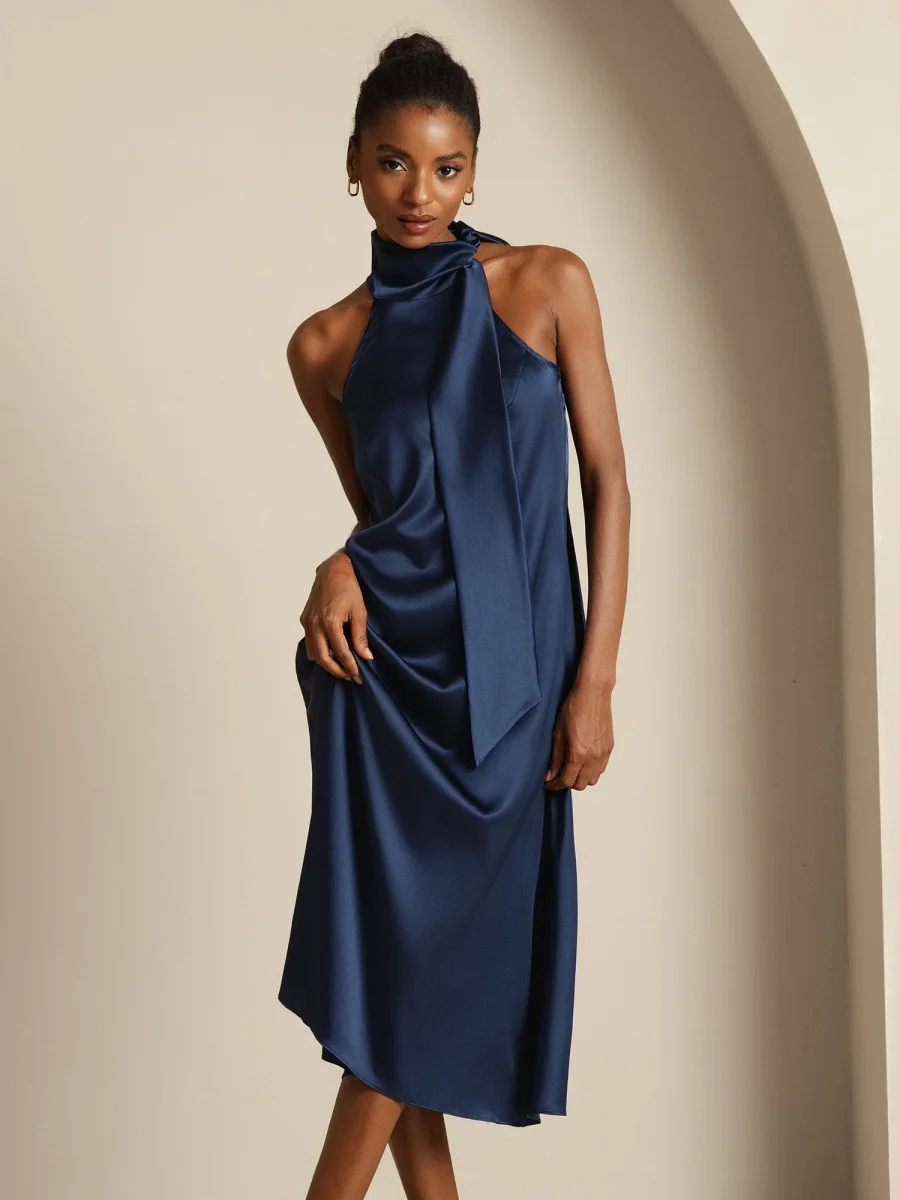 19Momme Seda Cuello Atado Vestido - Imagen 7