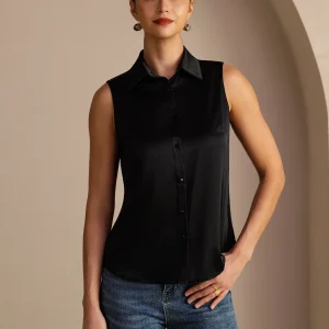 19 Momme Seda Sin Mangas Cuello Clásico Camisa