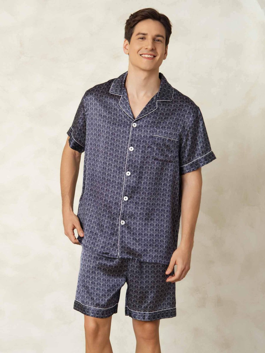 Pijama De Hombre De Seda Pura Azul Marino Con Estampado De Ginkgo De Manga Corta Y Cuello Con Solapa - Imagen 6